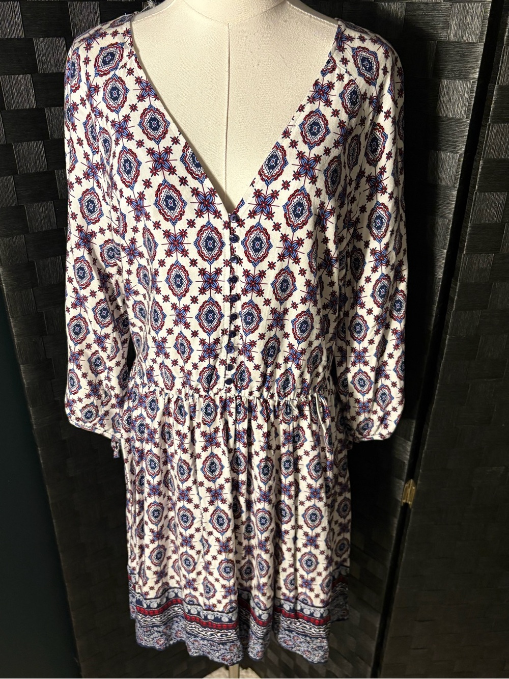 Stradivarius Boho Dress Women's L Blue Red Tile Medallion Print V-Neck
